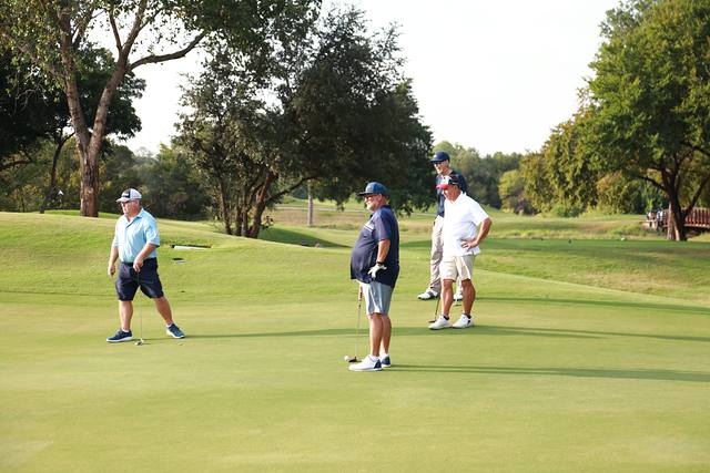 A group gathered on a green under the trees