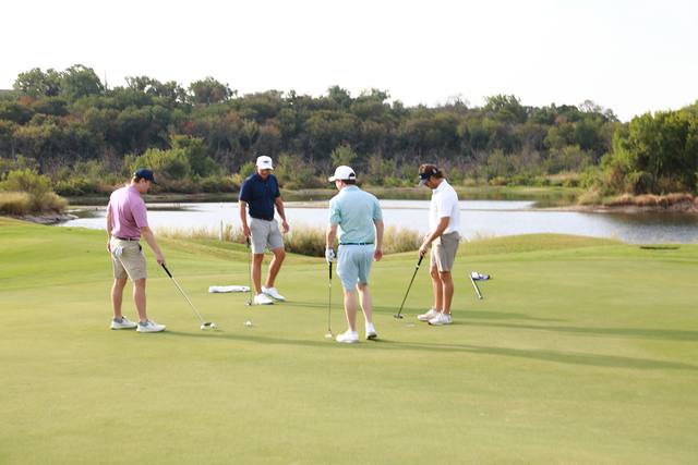 A group on a green beside a pond
