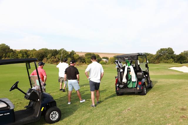 A group watching an approach shot from the fairway beside their carts